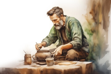 Watercolor sketch of brutal man with beard eating from pot at table