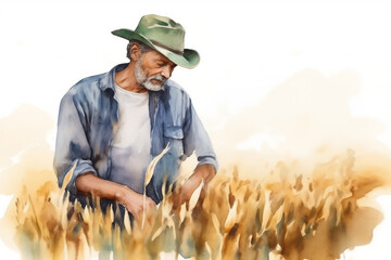 Watercolor sketch of man farmer in hat in field with ripe wheat - 751231749