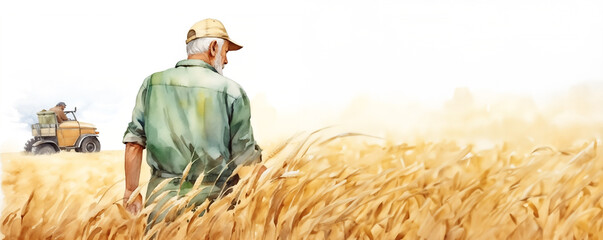 Watercolor sketch of man farmer in hat in field with ripe wheat - 751231752