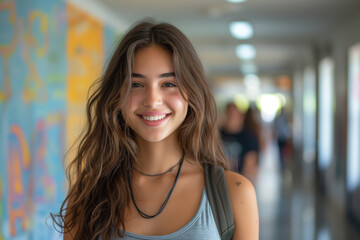 Radiant young woman with a tattoo smiles brightly in a bustling school hallway.