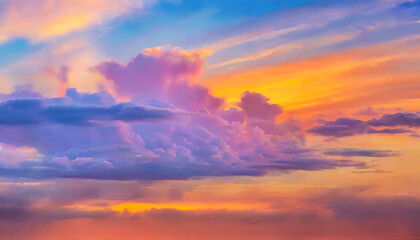 Naklejka na ściany i meble Vibrant abstract art of sunset sky and fluffy clouds sunset sky with hues of orange, pink, and purple creating a dramatic dreamy cloudscape.