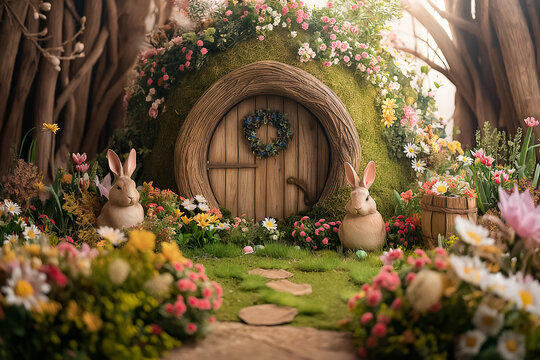 Easter backdrop of fairytale scene for photo or kinder space with rabbits and easter eggs and flower
