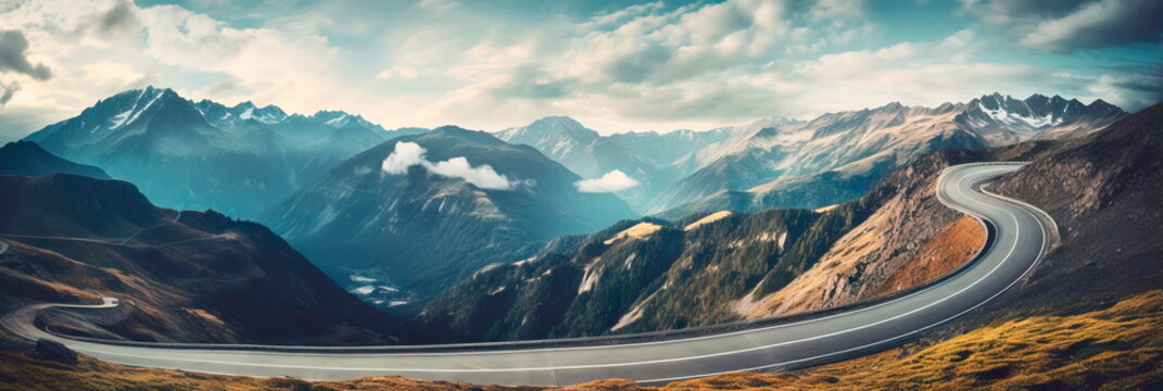 high mountain pass from above, highlighting winding roads and breathtaking mountain vistas. Generative AI - Powered by Adobe