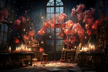 3d illustration of a fairy-tale room with a large window, a large window and a lot of candles. - obrazy, fototapety, plakaty