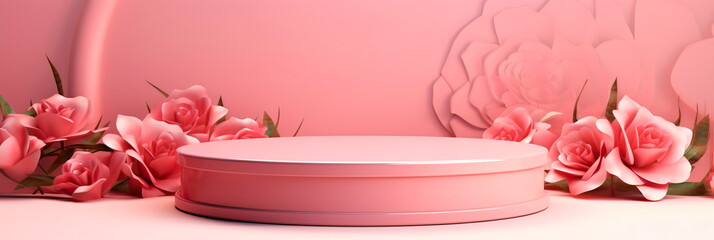 podium display, pastel pink background with rose flowers. Valentine, feminine copy space template Generative AI