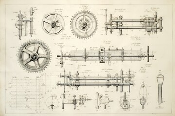 Vintage blueprint of a technical device or machinery. Photo invention blueprint of engine on vintage paper generative ai