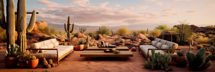 Fototapeta na wymiar desert inspired outdoor lounge, featuring earthy tones, cacti arrangements, and rustic wooden furniture. Generative AI