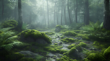 Enchanting Forest: Moss-Covered Stones and Ferns Whispering Secrets