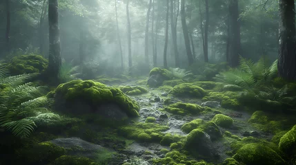 Gardinen Enchanting Forest: Moss-Covered Stones and Ferns Whispering Secrets © Phrygian