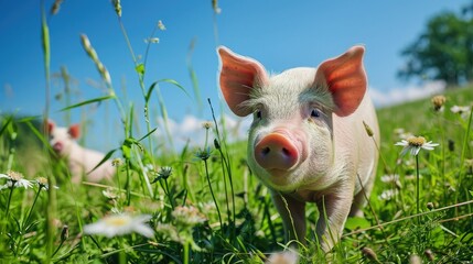A small funny pig is running in a flower meadow on a sunny spring day. Farming, livestock concept