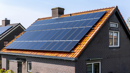Solar energy, A rectangular building with solar panels on the roof in a residential area. street of houses with solar panels on the roof during spring in the Netherlands