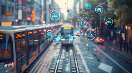 Obraz premium Modern city tram. Public Transportation and technology concept. ITS (Intelligent Transport Systems). Mobility as a service. digital graphic icons, AI Artificial intelligence transport in a modern city