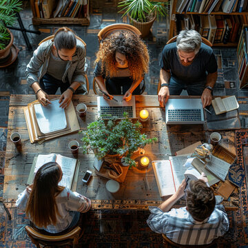 Top view of a group of business people working in an office. A group of business people working on a project in an office using a laptop computer, taking notes at a table with books