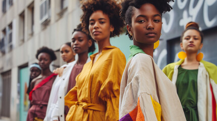 Fototapeta premium A diverse group of models showcasing eco-friendly fashion on a vibrant street corner
