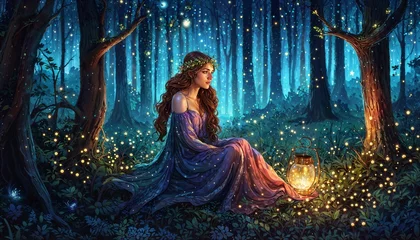 Foto op Canvas woman in the night forest. epic fantasy wallpaper painting design style © LoveLy