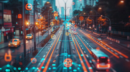 Transportation and technology concept. ITS Intelligent Transport Systems. digital graphic icons, AI Artificial intelligence transport in a modern city