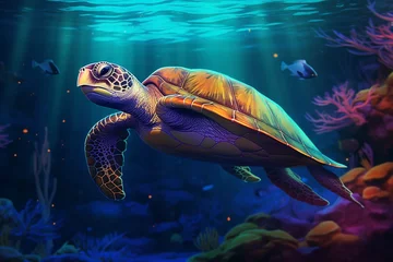 Poster a sea turtle swimming in the water © Gheorhe