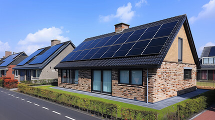 Fototapeta premium A rectangular building with solar panels on the roof in a residential area. The blue sky and azure fixtures complement the siding, street of houses with solar panels on the roof during spring 