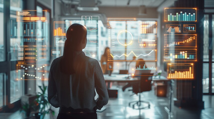 Statistics of business concept. Finance chart. Financial planning. Data analysis. business people in a bright office room with floating business charts around the room, modern futuristic office