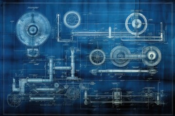 Obraz premium Vintage blueprint of a technical device or machinery. Drawing of a space satellite and its parts on a blue millimeter substrate, AI generated