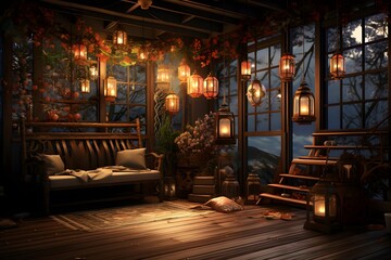 Interior of a cozy house in the mountains. 3d rendering