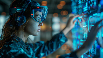 A female engineer soon who operates a hologram screen, AI Artificial diligence screen in a futuristic room office