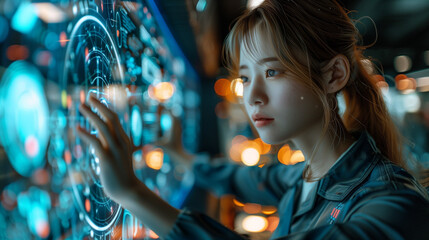 A female engineer soon who operates a hologram screen, AI Artificial diligence screen in a futuristic room office, Asian woman touching big digital screen with data and codes - obrazy, fototapety, plakaty
