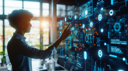 Digital transformation concept. System engineering. Binary code. Programming. a person touching a big screen in a bright office with floating icons around and charts to imagine AI technology