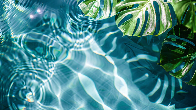 Transparent blue clear water surface texture with small ripples with blurry monstera leaf shadow, free space.
