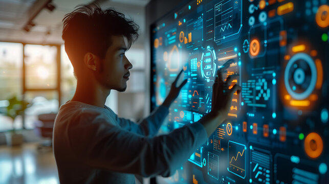 Digital transformation concept. System engineering. Binary code. Programming. a person touching a big screen in a bright office with floating icons around and charts to imagine artificial intelligence