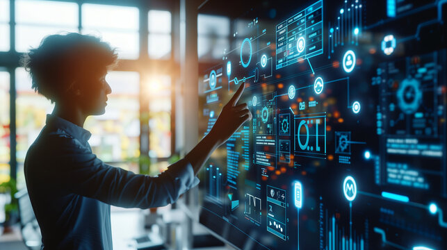 Digital transformation concept. System engineering. Binary code. Programming. a person touching a big screen in a bright office with floating icons around and charts to imagine AI technology - Powered by Adobe
