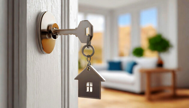 Extreme close-up of a house key inside the lock a wooden white door with silver house shaped keychain, against the out-of-focus modern living room. Generative Ai. - Powered by Adobe