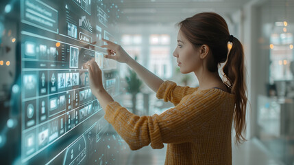Digital contents concept. Social networking service. Streaming video. NFT. Non-fungible token. a woman touching a big floating screen with videos in a bright modern office