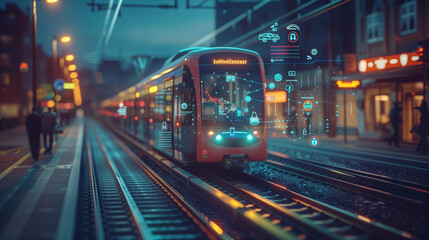 Modern city tram. Public Transportation and technology concept. ITS (Intelligent Transport Systems). Mobility as a service. - obrazy, fototapety, plakaty