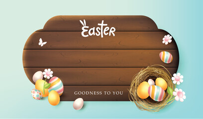 Happy easter banner card background with spring season colored easter eggs different ornaments on wood plank copy space