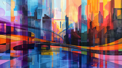 Abstract digital art of a cityscape with vibrant colors and dynamic motion blur, representing urban energy and technology.
