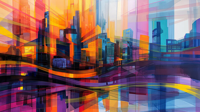 Abstract digital art of a cityscape with vibrant colors and dynamic motion blur, representing urban energy and technology. © elbanco