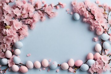 Naklejka na ściany i meble Happy Easter, Easter eggs in soft pink and blue colors with pink spring flowers on a clean background