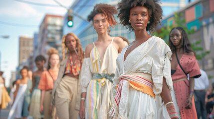 Fototapeta na wymiar A diverse group of models showcasing eco-friendly fashion on a vibrant street corner