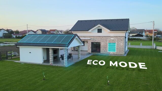 Eco sustainable power mode ON with solar panels and animation of battery charging. Energy save with smart home. 3D render