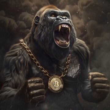 gorilla screams and clenches his fists, wears a bitcoin necklace