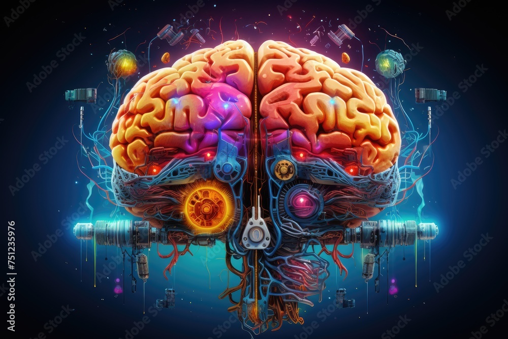 Poster photo line brain the background is circuit board and abstract dot point connect with gradient line, 