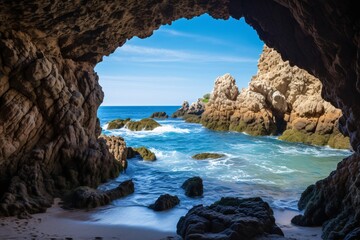 a cave with a body of water and rocks with McWay Falls in the background