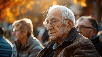 Elderly man at a social event looking disconnected from the group, highlighting social withdrawal and isolation in dementia - obrazy, fototapety, plakaty
