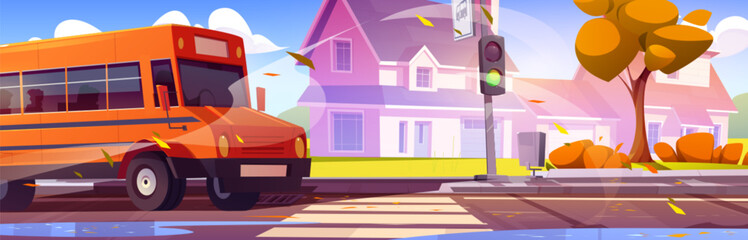 School bus riding suburban street with crosswalk on road, traffic light and pedestrian sidewalk, private houses and trees at autumn. Cartoon country fall season cityscape with children transport.