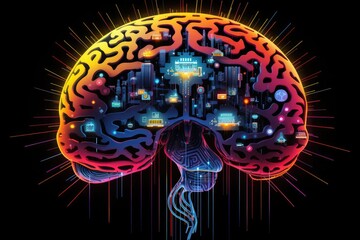 Vivid representation of a digital brain. brain made of neon light image, Ai generated