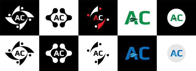 AC logo. A C design. White AC letter. AC, A C letter logo design. Initial letter AC linked circle uppercase monogram logo design five style.