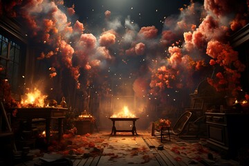 Burning house and wooden bench in the dark. 3d illustration