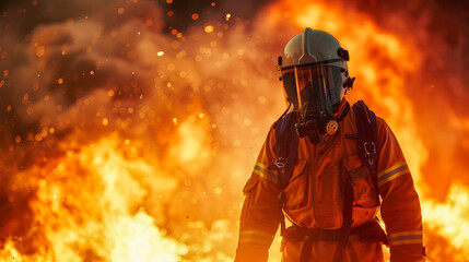 Dramatic scene of brave firefighter in full gear exploring the huge fire zone.