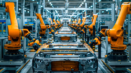 Car factory digitalization industry 4.0 . Automated robot arm assembly line manufacturing high-tech electric vehicles. - obrazy, fototapety, plakaty